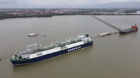 The floating storage and regasification unit (FSRU) Energos Celsius at its LNG terminal in Barcarena, Brazil. The unit will supply natural gas both to the state of Para and Alunorte.