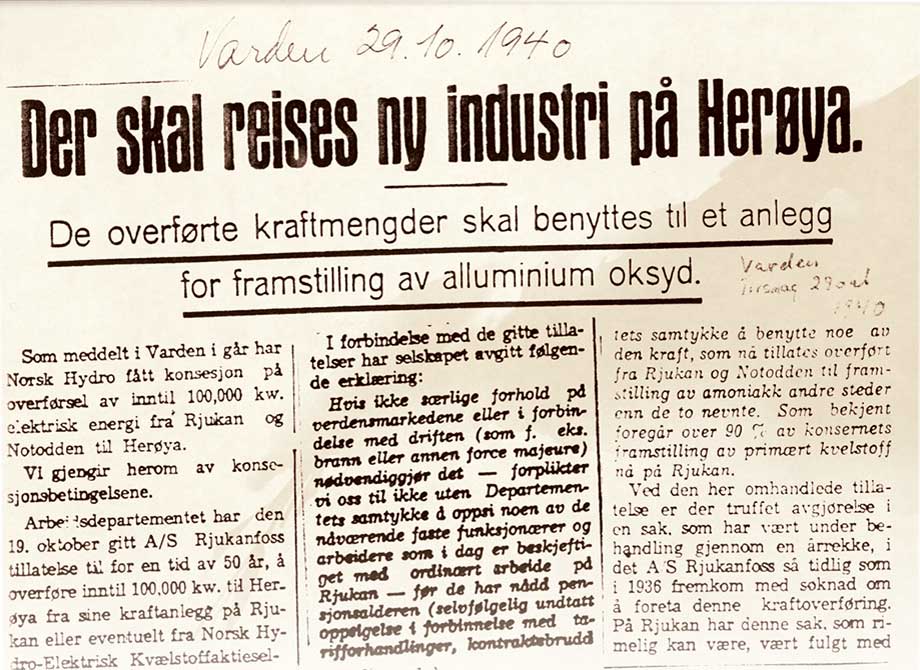 Newspaper headline: New industry is to be built on Herøya