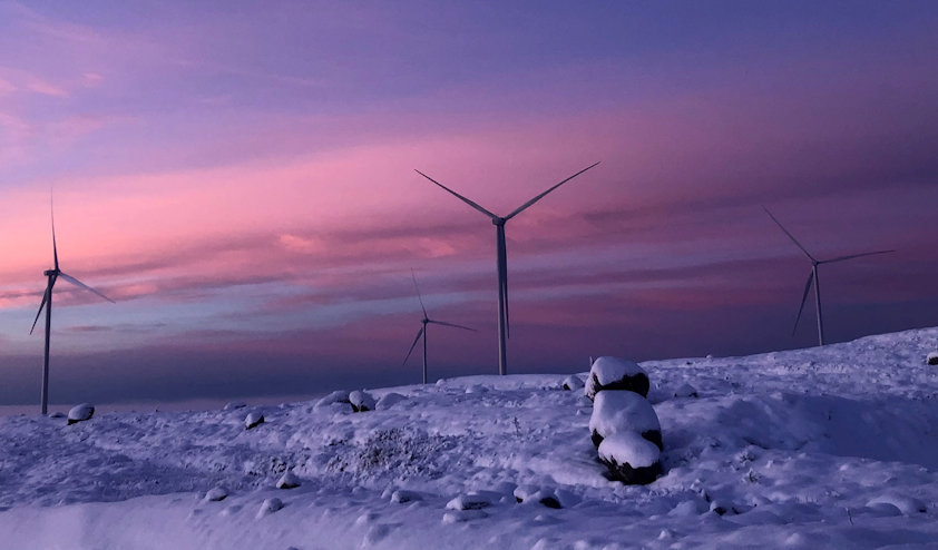 a group of wind turbines in a snowy field