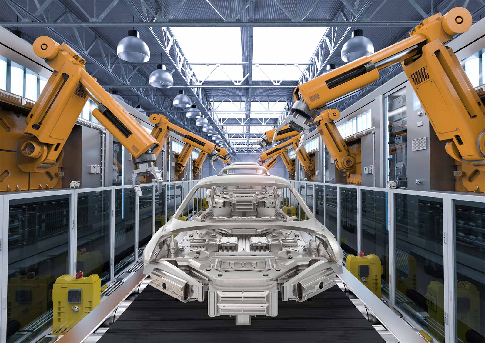 Car body in white on assembly line