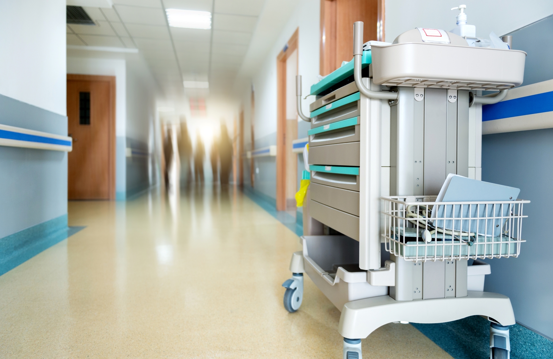 A medical cart in a hospital hallway