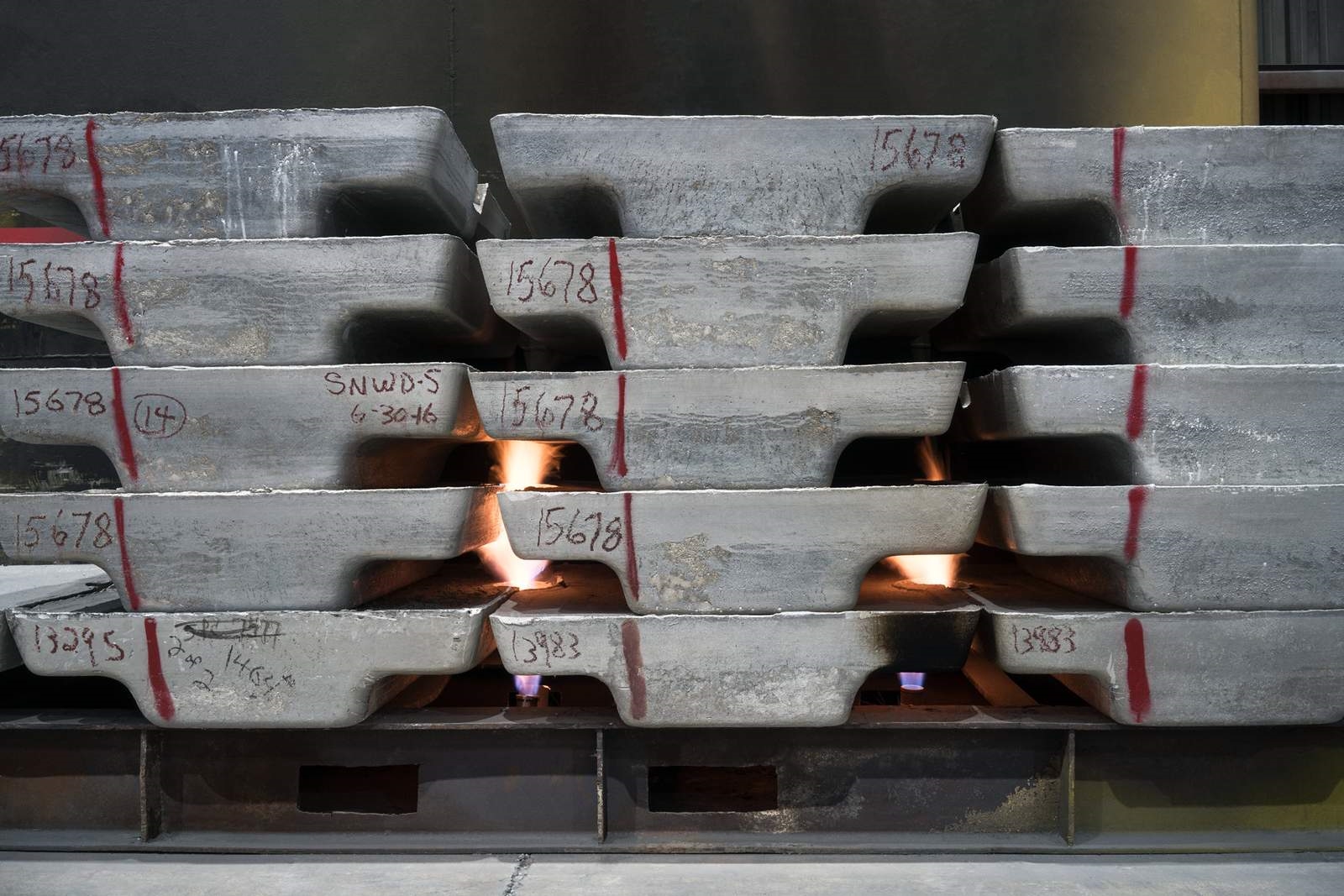 Aluminum ingots stacked outside
