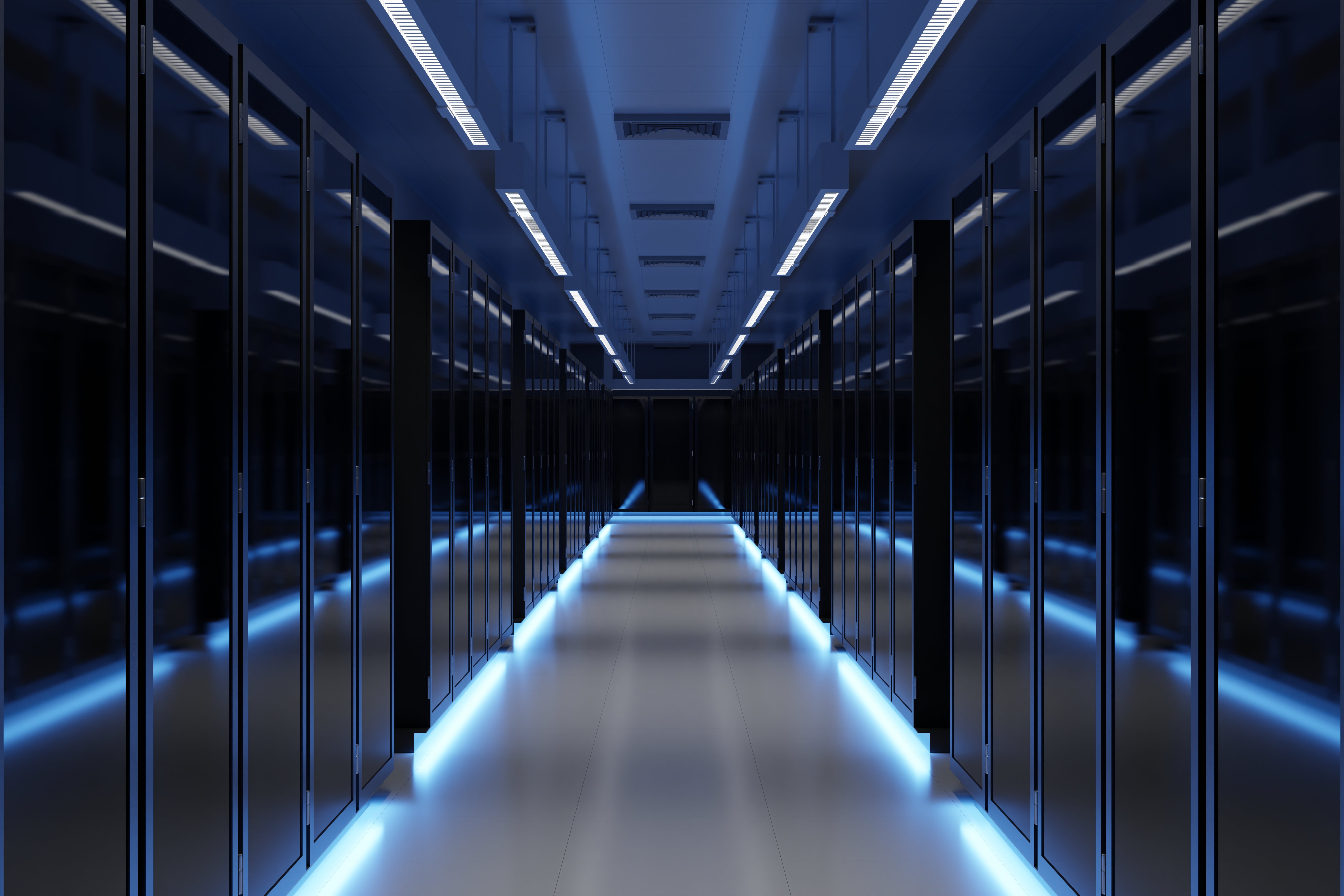 A hallway with rows of data centers
