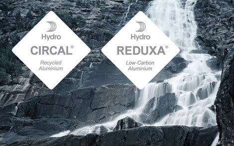 Hydro CIRCAL und Hydro REDUXA Hangtag-Logos mit Wasserfall im Hintergrund