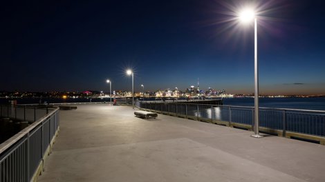 a light pole on a pier, evening