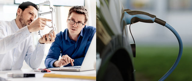 Montage of two persons discussing an extruded profile, and an electric car hooked to a charger