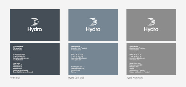 Front of business card with standard information. Back with Hydro logo and sail, no tagline. White on Hydro blue, light blue and aluminium