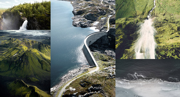 Collage with waterfalls and hydro dam