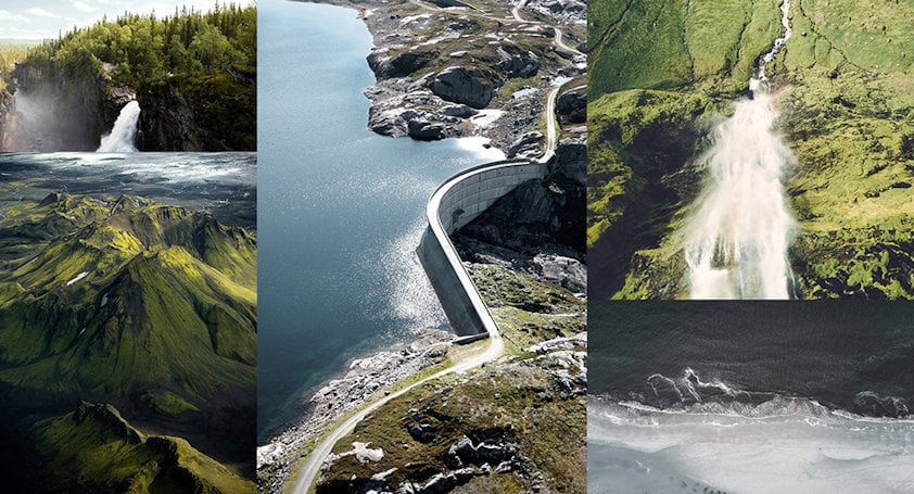 Collage with waterfalls and hydro dam