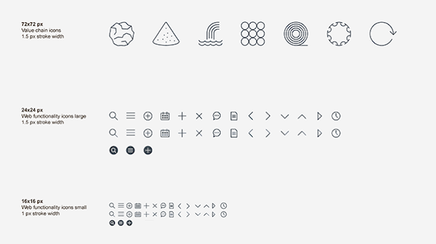 a series of simple, flat line art style icons, representing aluminium foil, bauxite, waterfall, metal rods, rolled metal, extruded metal, recycling, as well as magnifying glass, calendar and other navigation icons.