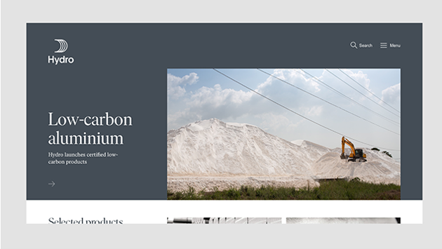 web page; dark blue background, white text, large photo of alumina