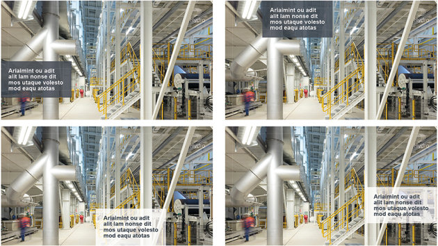 Several examples; Interior factory floor. Small transparent text boxes, white or dark, different positions on image, always aligned with outer edge.
