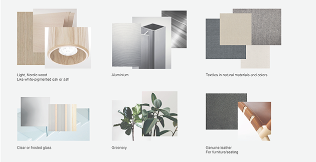 light nordic wood, aluminium, textile floor tiles, clear or frosted glass, greenery, leather furniture