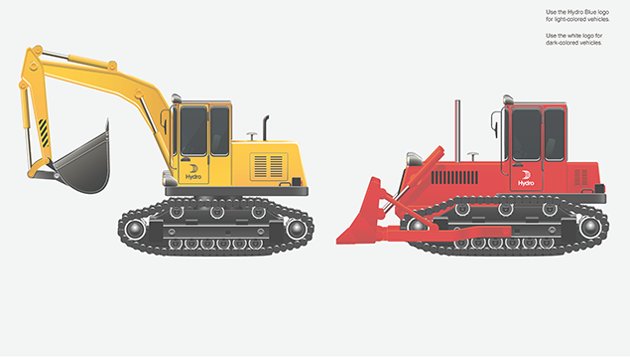 different excavation vehicles. Yellow backhoe with black logo on door, red bulldozer with white logo on door. different excavation vehicles. Yellow backhoe with black logo on door, red bulldozer with white logo on door.