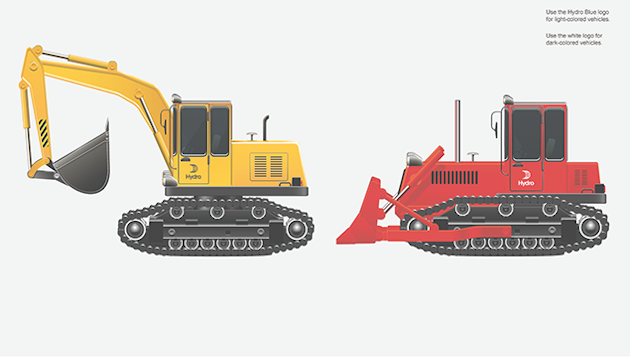 different excavation vehicles. Yellow backhoe with black logo on door, red bulldozer with white logo on door.