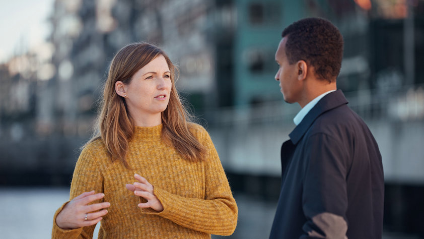 a man and woman talking