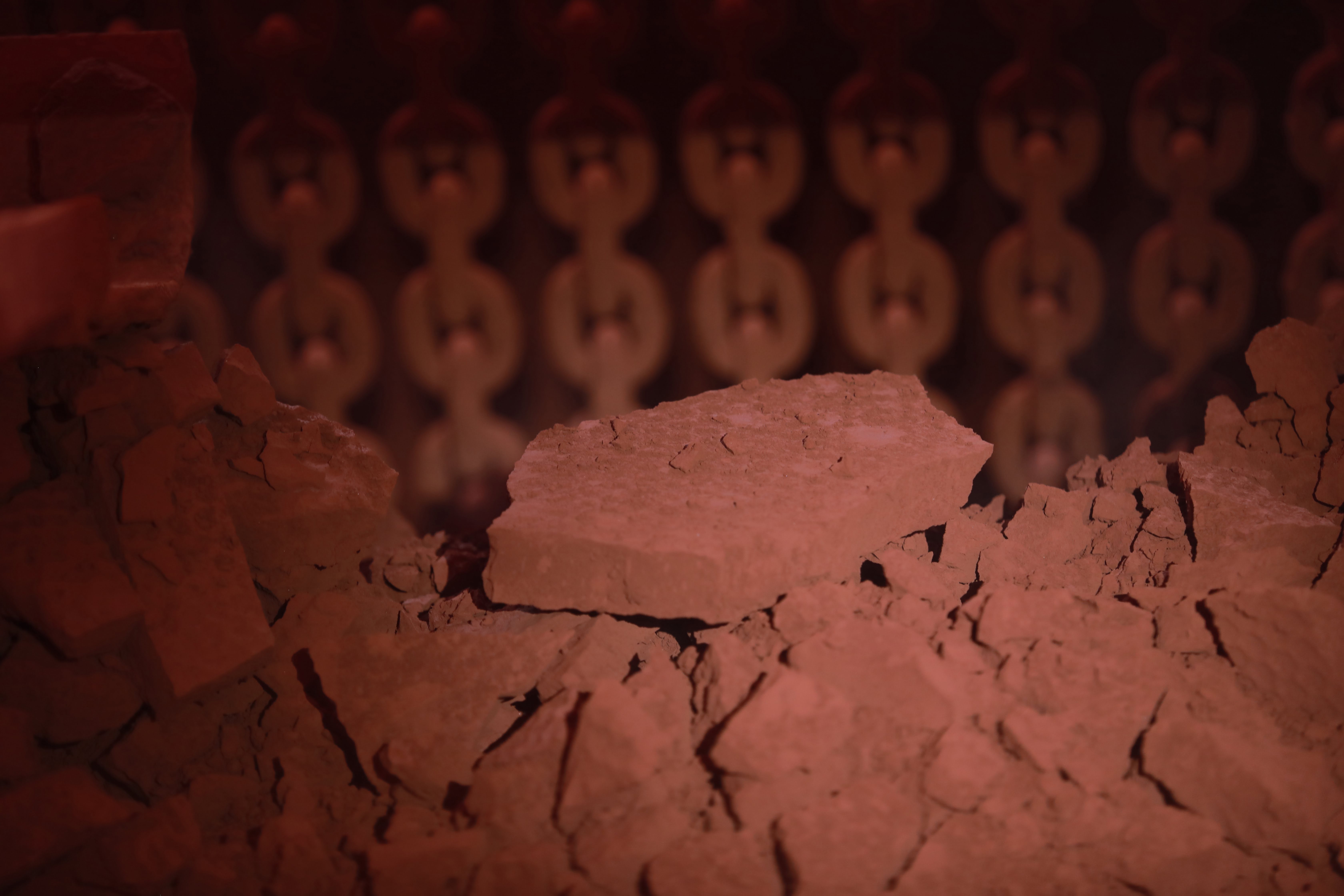 a group of red and white objects