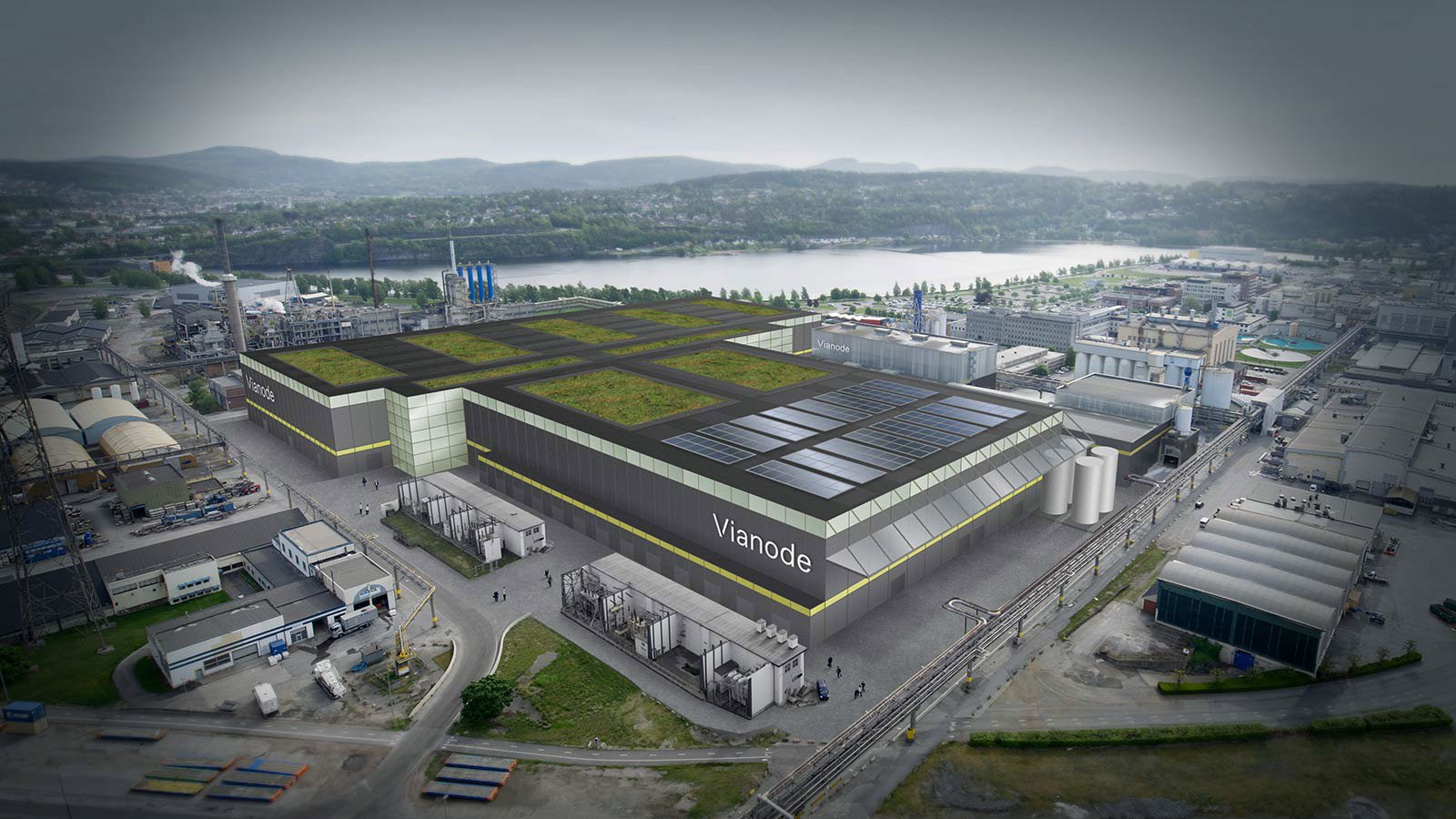 Vianode investerer to milliarder i ny fabrikk for batterimaterialer på Herøya i Porsgrunn. (Illustrasjon: Vianode)
