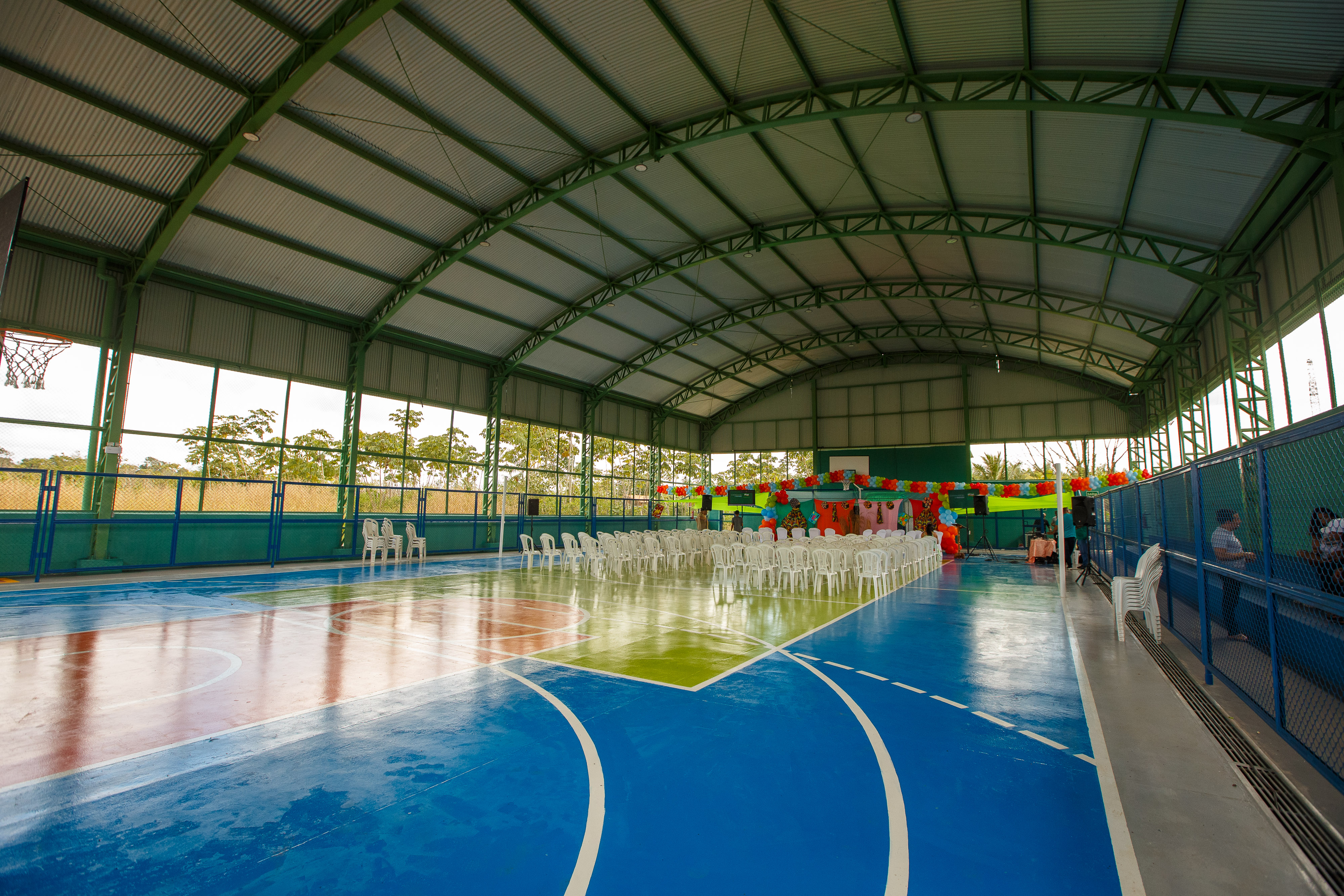 a swimming pool with people in it