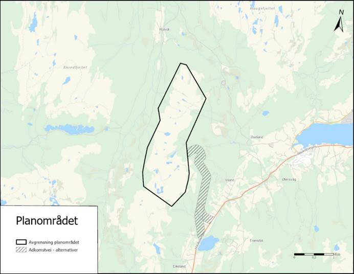  Skissen viser foreslått planområde med alternativer for adkomstvei (adkomstvei er skissert med buffersone)