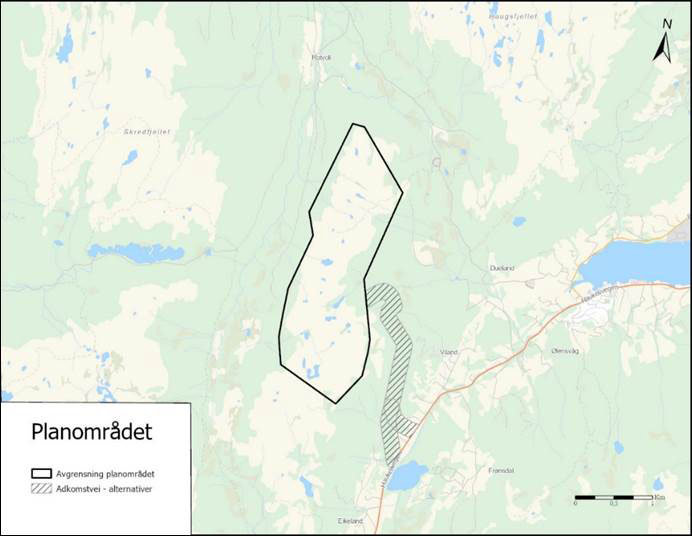 Skissen viser foreslått planområde med alternativer for adkomstvei (adkomstvei er skissert med buffersone)