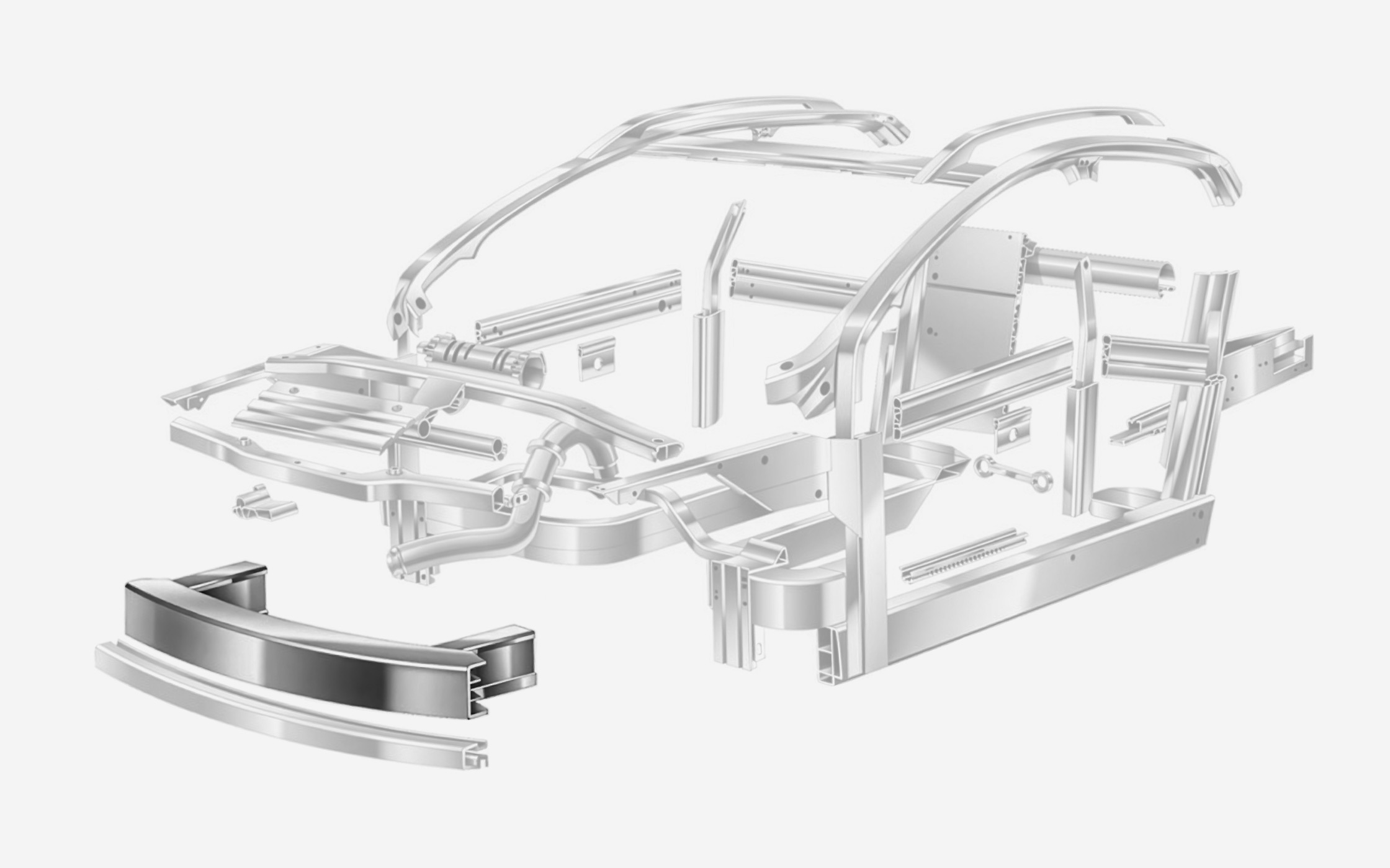 Illustration showing the front bumper beam, a crash-management component, positioned at the front of the vehicle. General Motors has selected Hydro CIRCAL for this application in the Cadillac OPTIQ.
