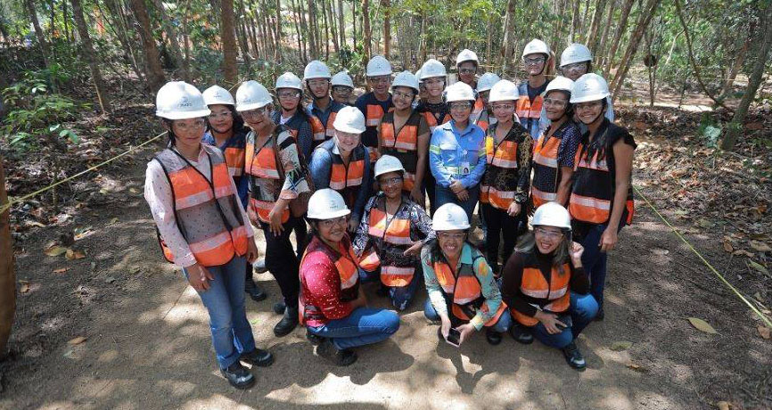 Grupo de pessoas ao ar livre, usando chapéus de proteção e coletes refletivos
