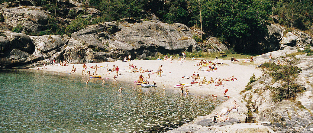 Beach and rocks with swimmers and sunbathers