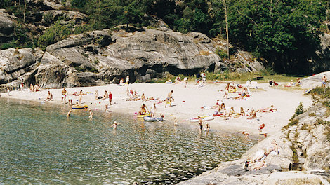 Beach and rocks with swimmers and sunbathers