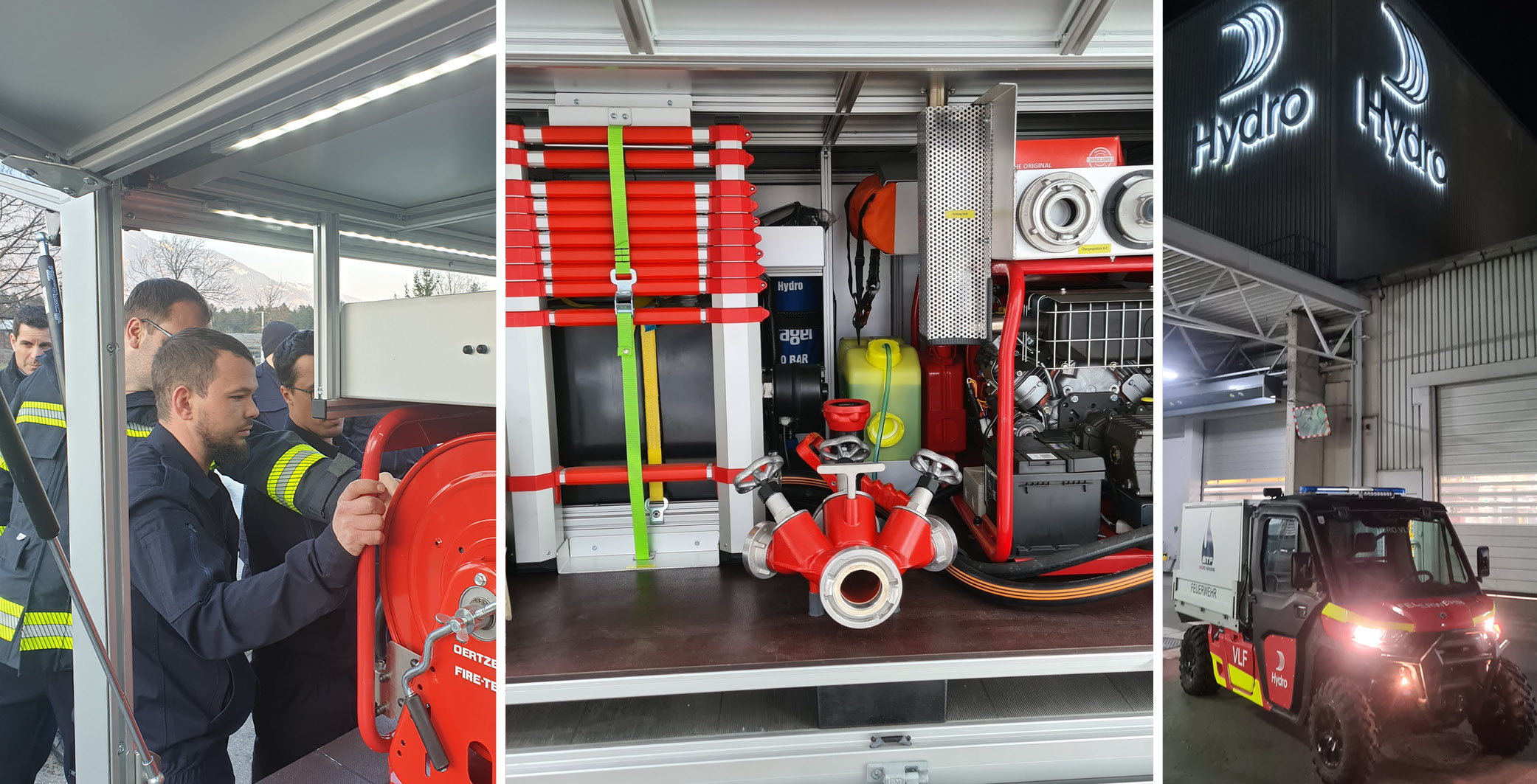 a man standing next to a red and yellow car in a garage