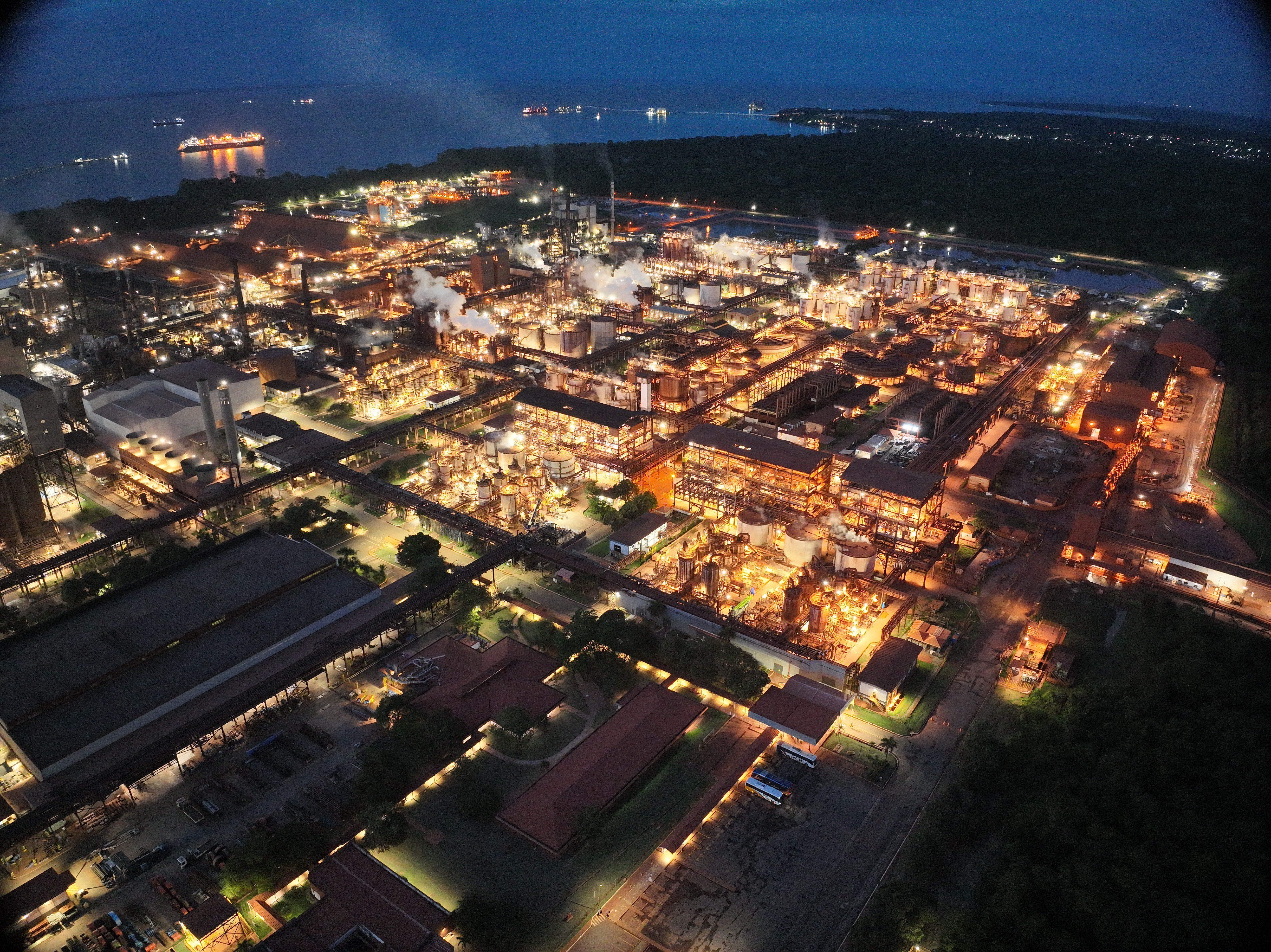 an aerial view of a city at night