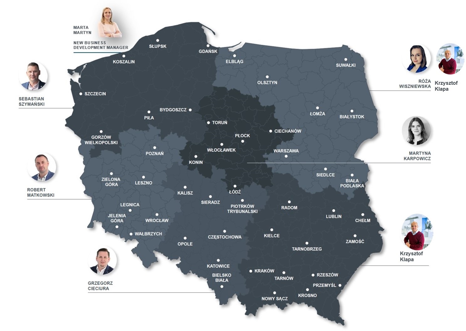 A map of Poland with Hydro sales contact persons marked