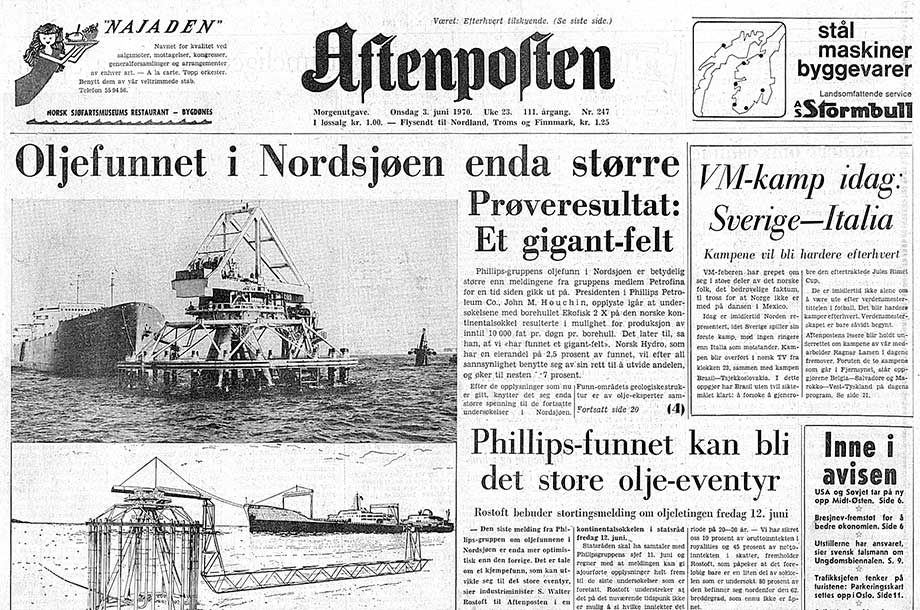 Avisoppslag med overskriften Oljefunnet i Nordsjøen enda større. Prøveresultat: Et gigantfelt