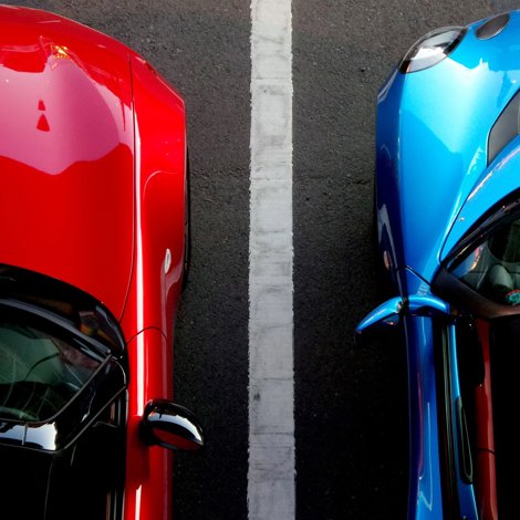 A red and blue car seen from above