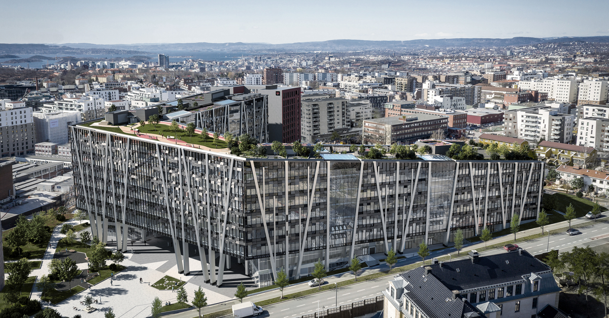Birdsview of Økern Portal. The facade is coated with aluminium.