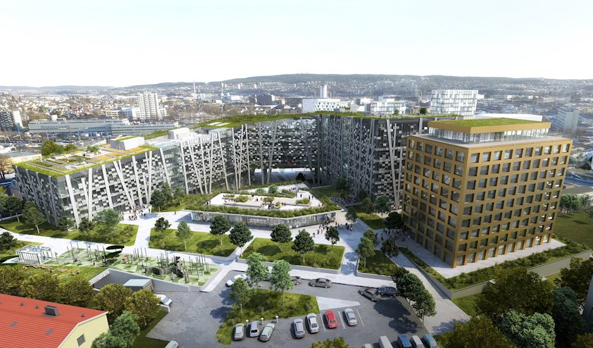 Kontorbygg med vegetasjon på tak og området rundt