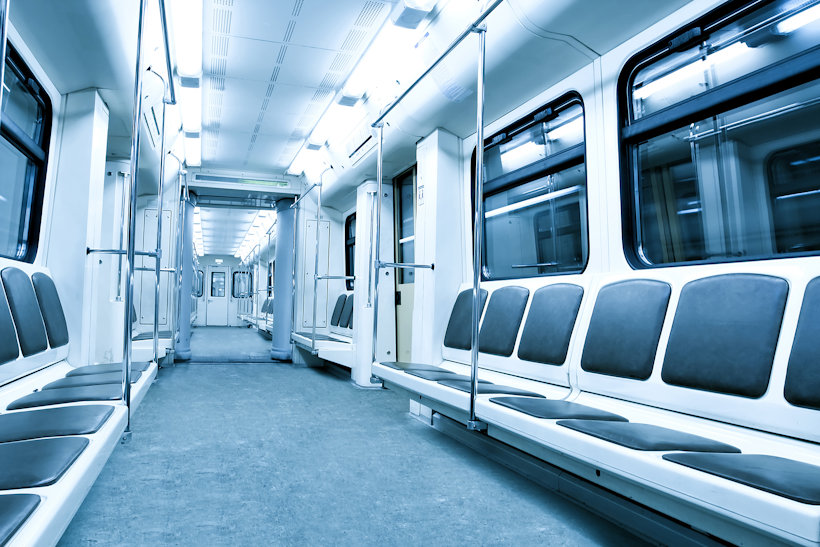 interior of a linked mass transit train carriages