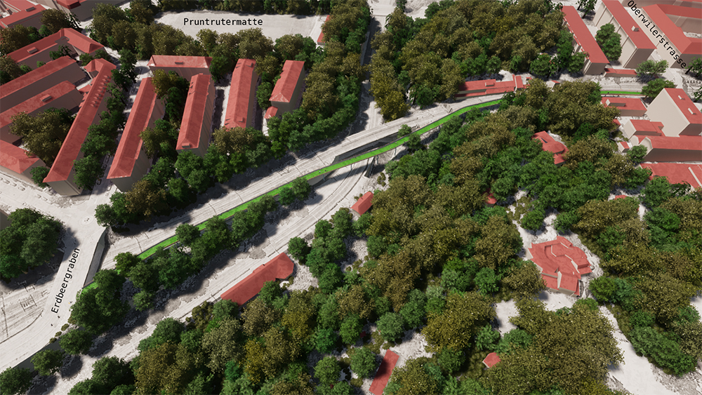 Vogelperspektive von einem zukünftigen Fahrrad-Highway von urb-x