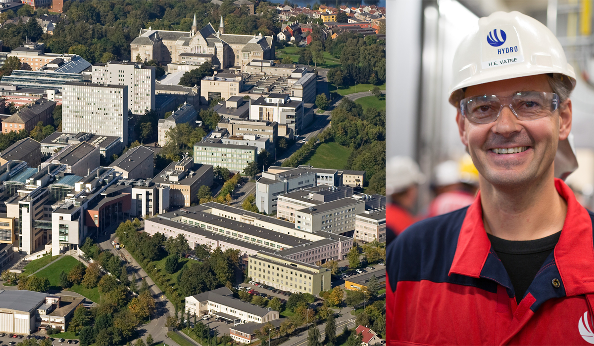 aerial photo of NTNU juxtaposed with portrait of Hans Erik Vatne