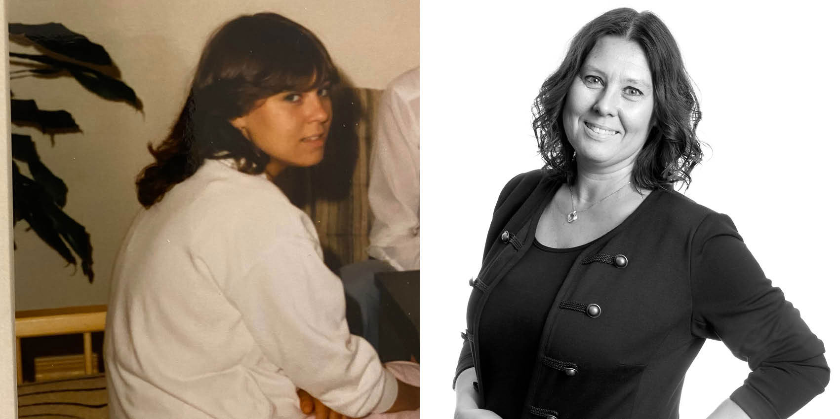 a person smiling next to another woman