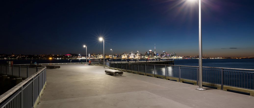 a light pole on a pier, evening