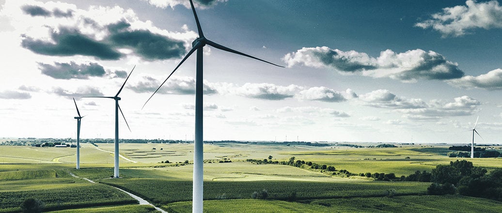 wind turbines in green fields