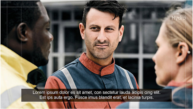 A group of three persons in work clothes, with superimposed subtitles. A group of three persons in work clothes, with superimposed subtitles.