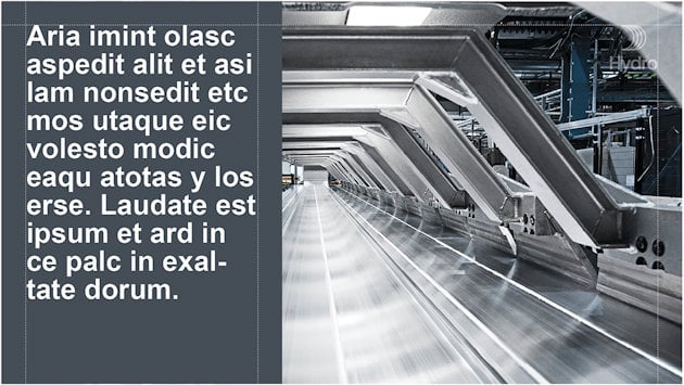 Interior factory floor. Right part of image has dark solid box with white text Interior factory floor. Right part of image has dark solid box with white text