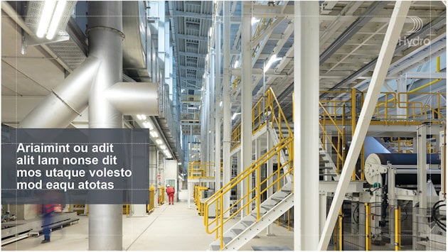 Factory interior. Smaller, dark, transparent block lower left half of image. Bold white text. Factory interior. Smaller, dark, transparent block lower left half of image. Bold white text.