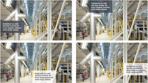 Several examples; Interior factory floor. Small transparent text boxes, white or dark, different positions on image, always aligned with outer edge. Several examples; Interior factory floor. Small transparent text boxes, white or dark, different positions on image, always aligned with outer edge.