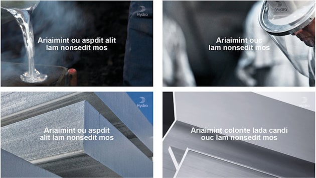 Four images with transparent Hydro logo top right, solid white text centered horizontally and vertically Four images with transparent Hydro logo top right, solid white text centered horizontally and vertically