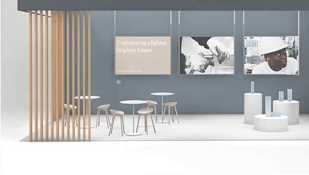 exhibition booth. dark blue wall with large images, wooden partitions, cafe style seating, small display pedestals exhibition booth. dark blue wall with large images, wooden partitions, cafe style seating, small display pedestals