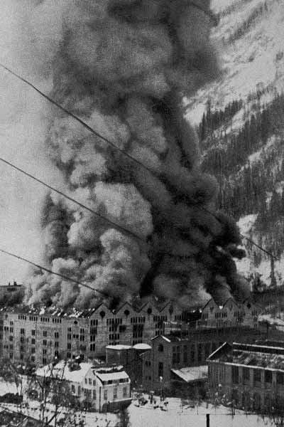 Fire at the factory at Rjukan during World War 2.